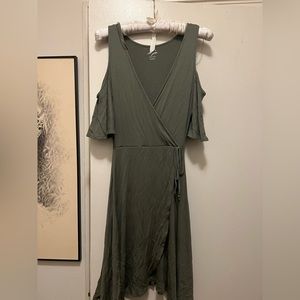 Green wrap off the shoulder dress